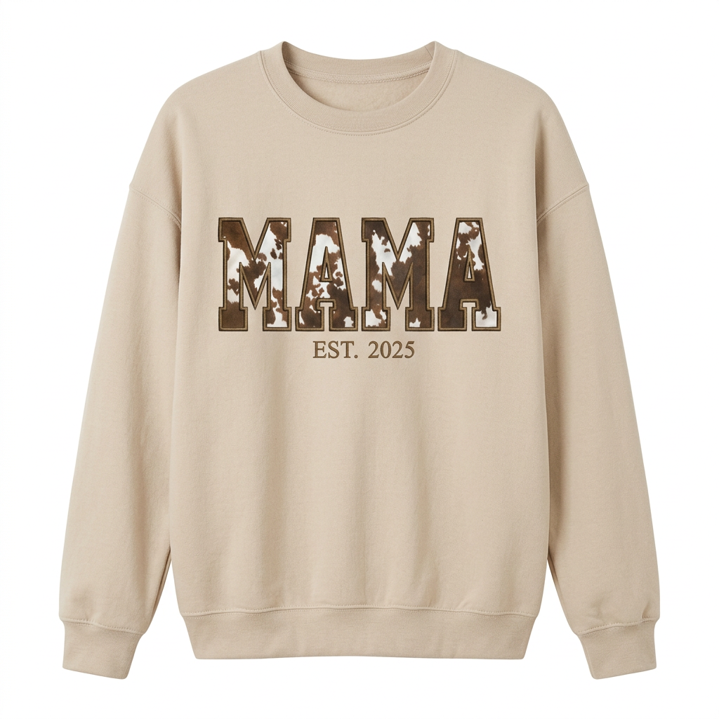 MAMA Cowgirl Cow Print Appliqué Sweatshirt