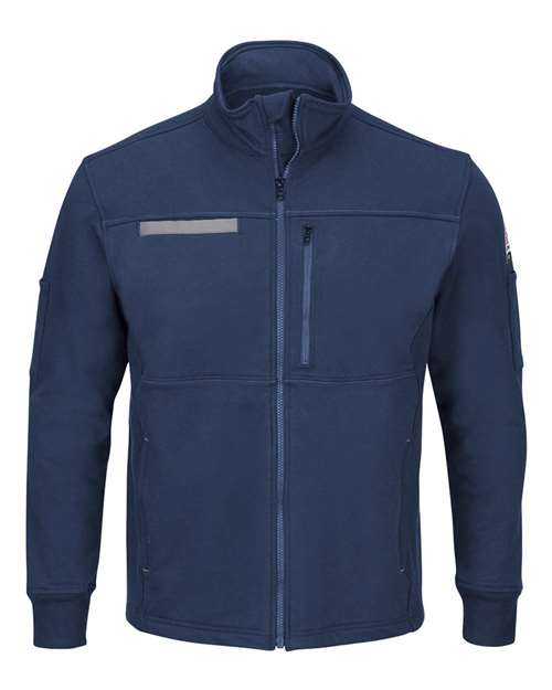 Navy Bulwark men's zip-front fleece jacket, front view
