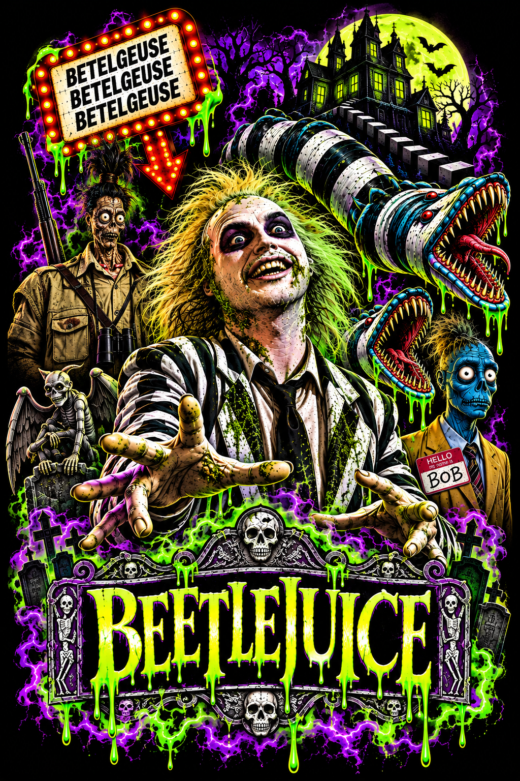 Beetlejuice print artwork with bright green and purple details