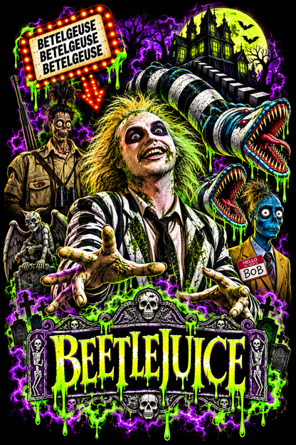 Beetlejuice print artwork with bright green and purple details