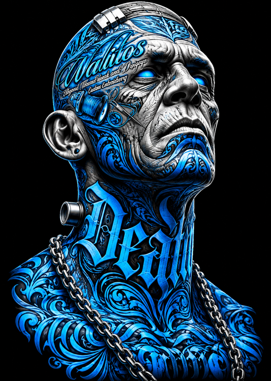 Walito’s Frankenstein-inspired silver portrait with electric-blue illustrated details on black