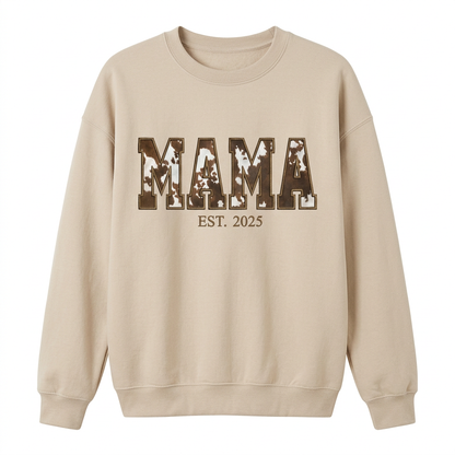 MAMA Cowgirl Cow Print Appliqué Sweatshirt