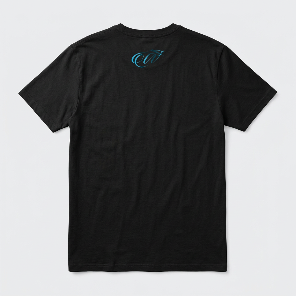 Black T-shirt back mockup with small turquoise W below the collar