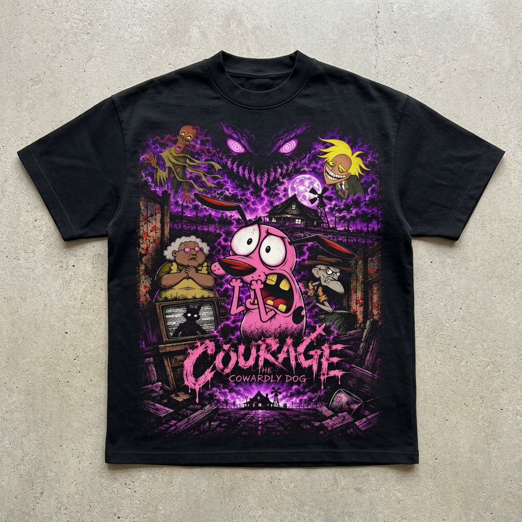 Black Courage the Cowardly Dog graphic T-shirt with pink and purple character artwork