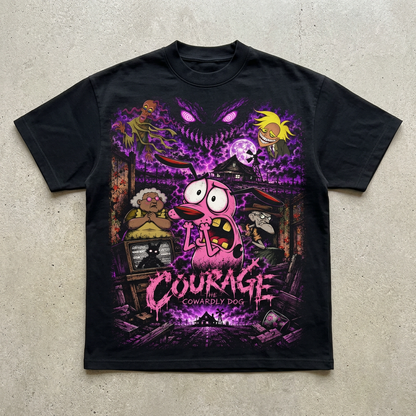 Black Courage the Cowardly Dog graphic T-shirt with pink and purple character artwork