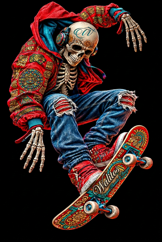 Final skeleton skateboarder design with turquoise bone-textured W and Walitos branding