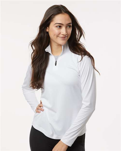 Women's white Pro-Lock Performance Quarter-Zip Pullover worn by a model