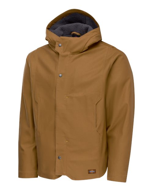 Brown Dickies hooded duck jacket, angled front view
