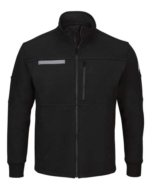 Black Bulwark men's zip-front fleece jacket, front view