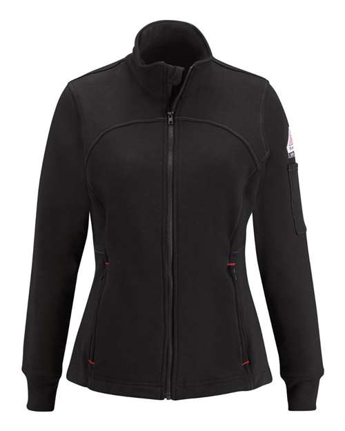 Black Bulwark women's full-zip fleece jacket, front view