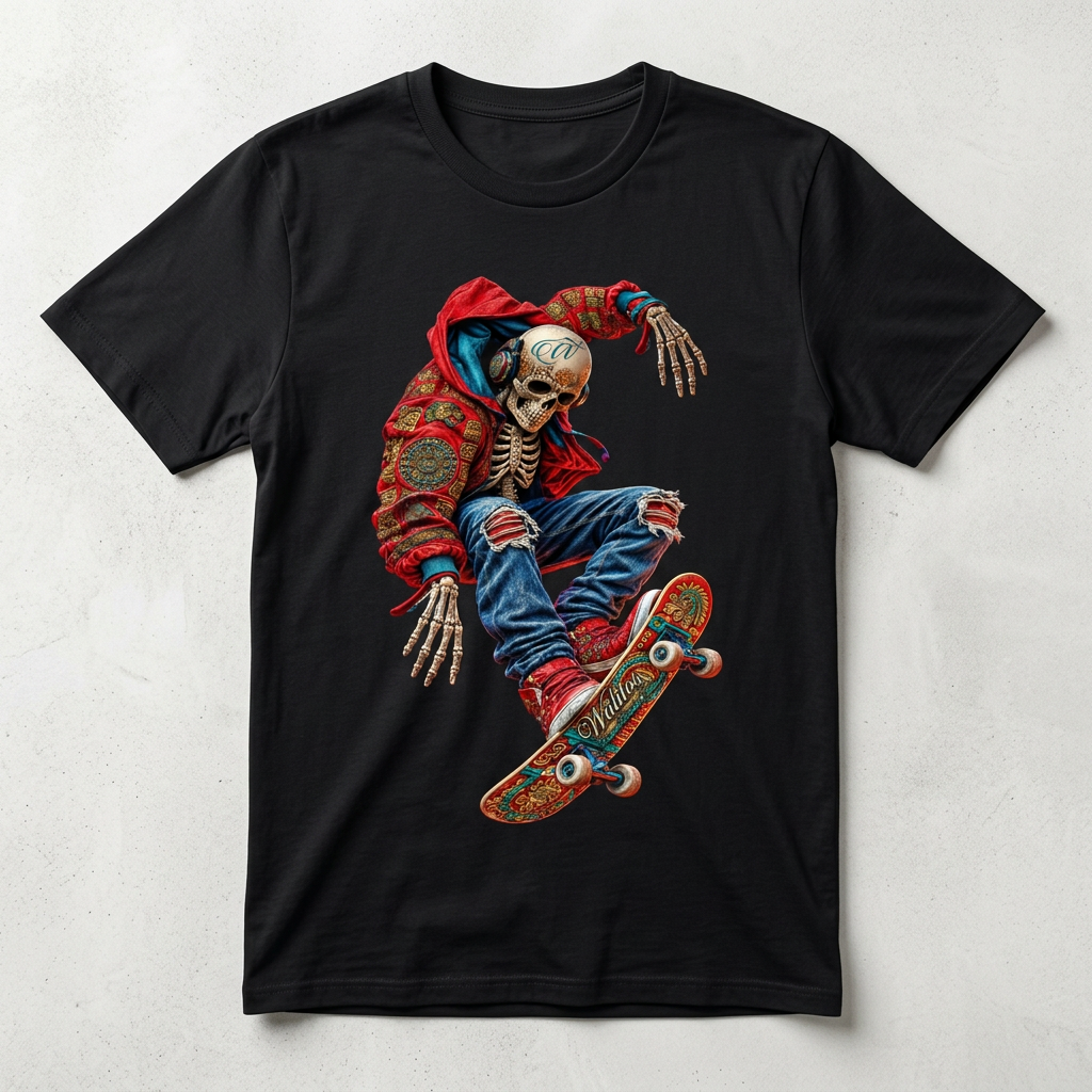 Skeleton Skater front-view black T-shirt mockup